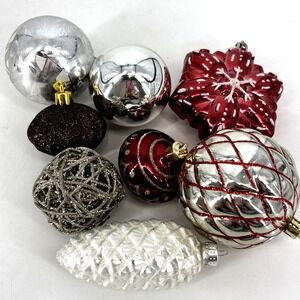 Christmas Ornament Lot Red Silver Vintage Tree Snowflake, Droplet, Pinecone
